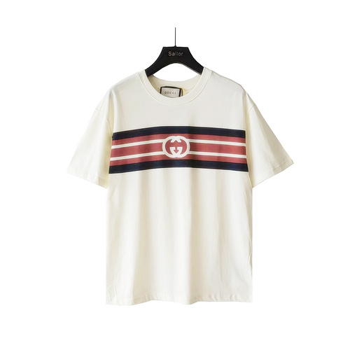 GC Gucci 24ss blue and red striped printed short sleeves