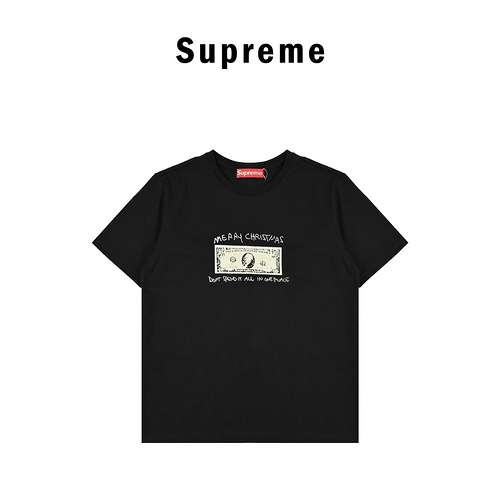 SUPREME 21FW SPEND IT T-shirt in dollari USA con maniche corte stampate con motivo nero e oro sul pe