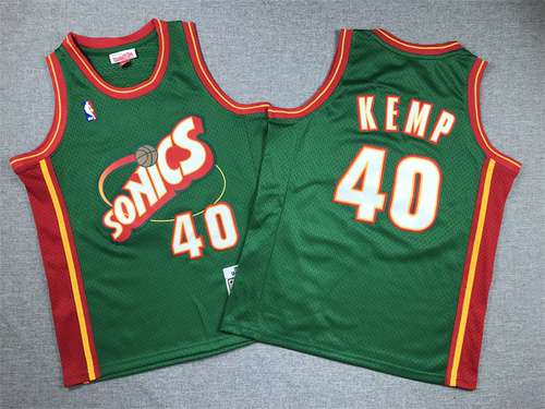 Abbigliamento per bambini SuperSonics No 40 Shawn Kemp Retro Etichetta Verde